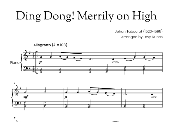 Ding Dong! Merrily on High - Easy piano (left hand is performed by chords only). (arr. Levy Nunes)