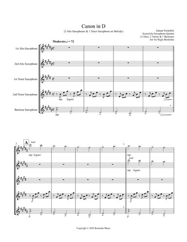 Canon in D (Pachelbel) (D) (Saxophone Quintet - 2 Alto, 2 Tenor, 1 Bari) (arr. Regis Bookshar)