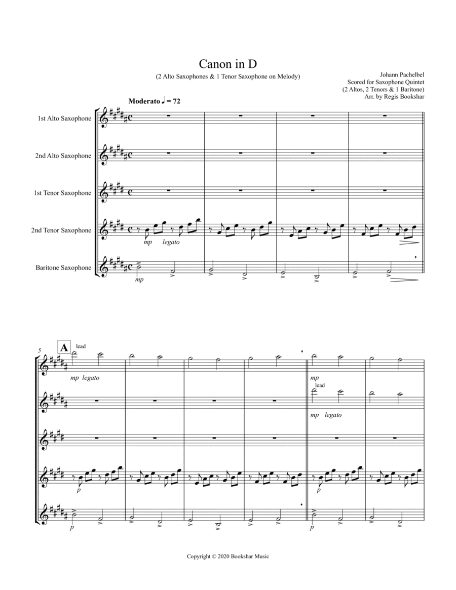 Canon in D (Pachelbel) (D) (Saxophone Quintet - 2 Alto, 2 Tenor, 1 Bari) (arr. Regis Bookshar)