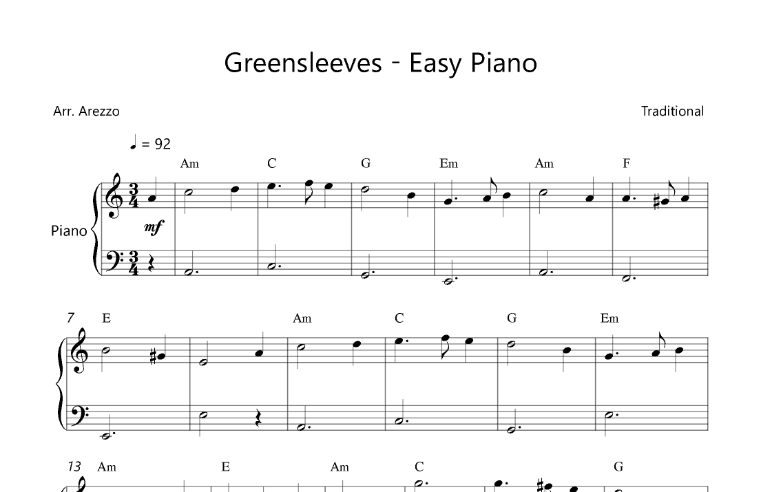 Greensleeves for Easy Piano - Bass with Chord Symbols (arr. Arezzo Music)