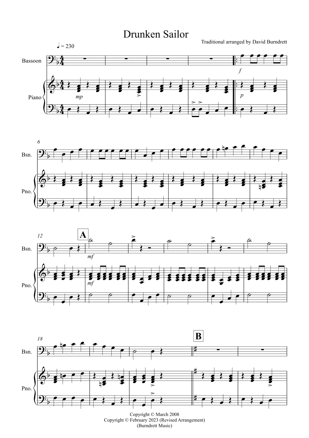 Drunken Sailor for Bassoon and Piano (arr. David Burndrett)