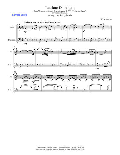 LAUDATE DOMINUM, Mozart, Woodwind Duo, Intermediate Level of flute and bassoon (arr. Sherry Lewis)