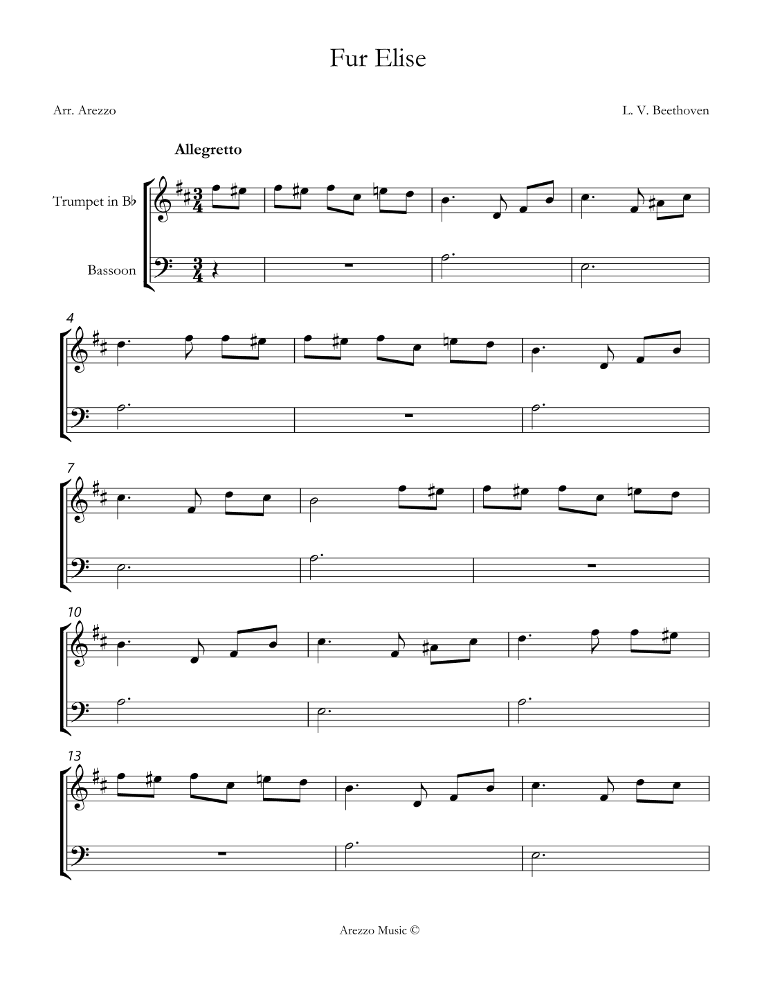 beethoven fur elise Trumpet and Bassoon sheet music. (arr. Arezzo Music)