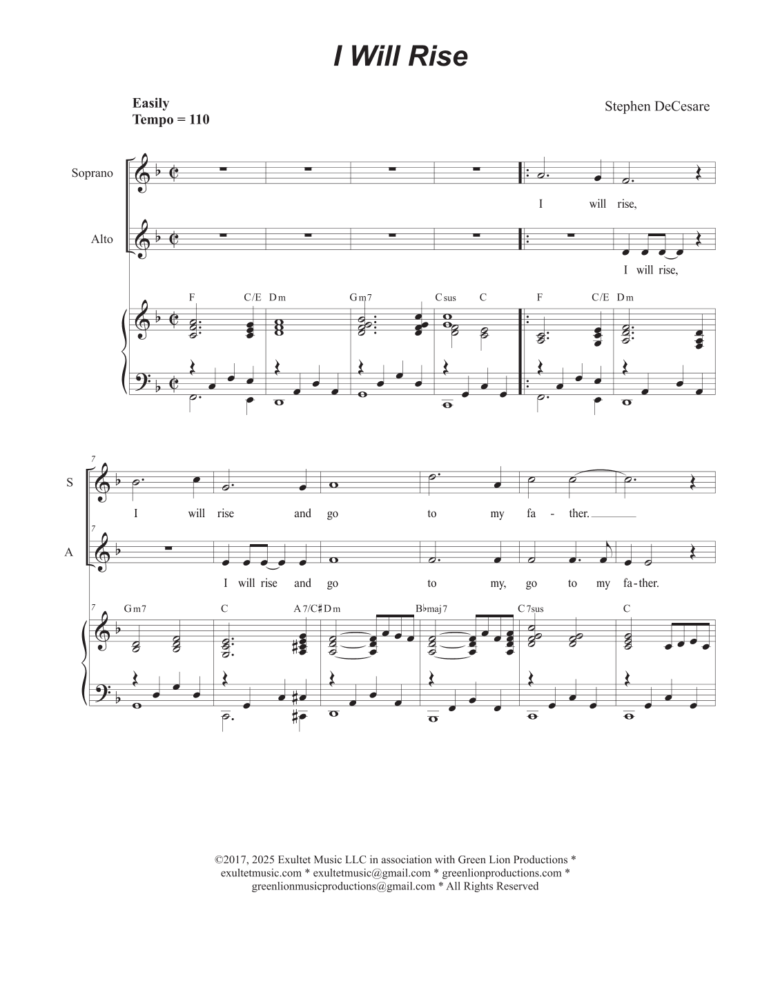 I Will Rise (Psalm 51) (Duet for Soprano and Alto solo)