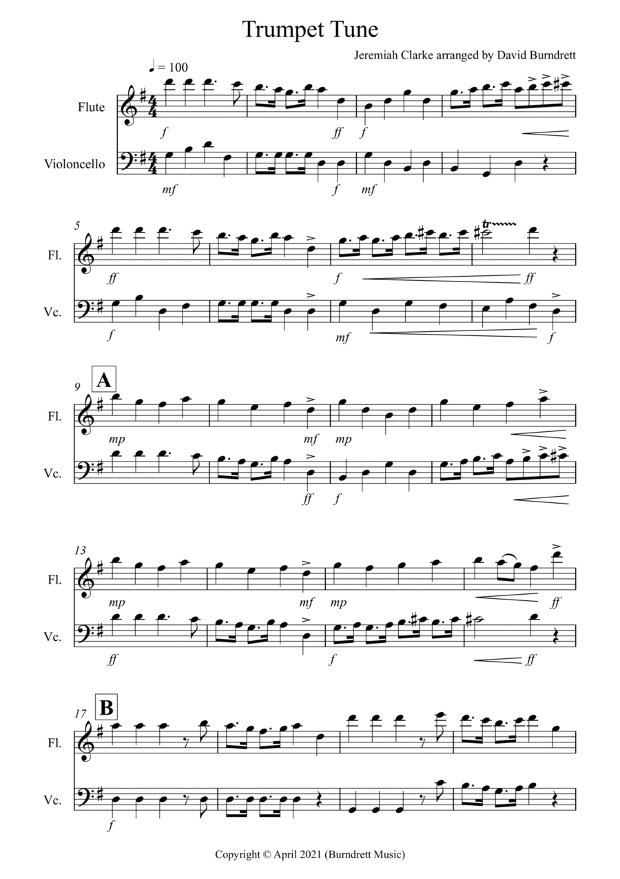 Trumpet Tune for Violin and Cello Duet (arr. David Burndrett)