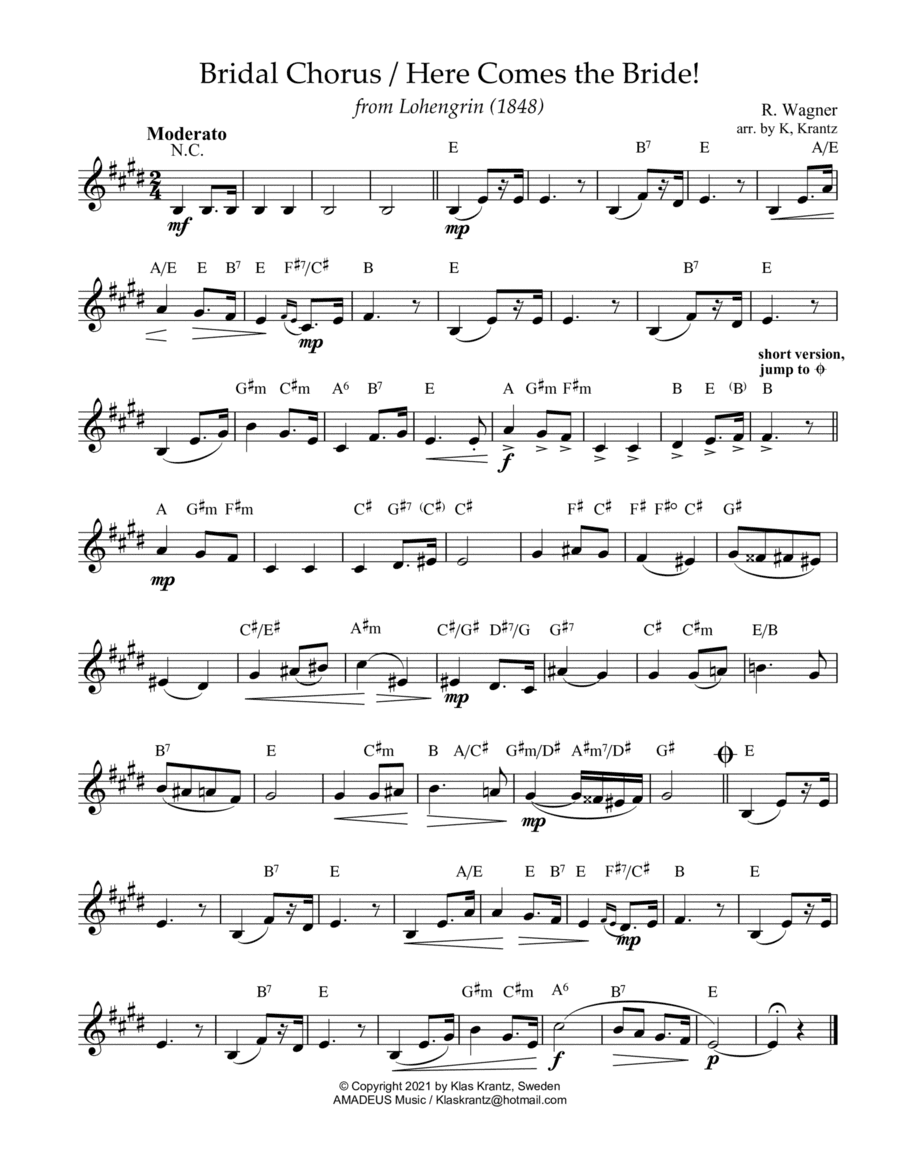 Bridal Chorus / Here Comes the Bride! lead sheet with guitar chords (E Major) (arr. K. Krantz)