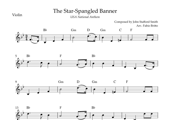 The Star Spangled Banner (USA National Anthem) for Violin Solo with Chords (B Major) (arr. Fabio Britto)