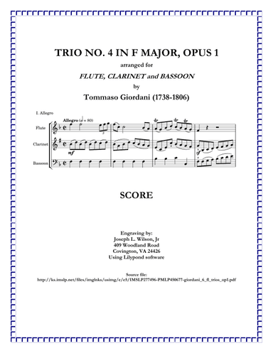 Giordani Trio in F Major, Op. 1, No. 4, arranged for Flute, Clarinet and Bassoon (arr. Joseph L. Wilson, Jr.)