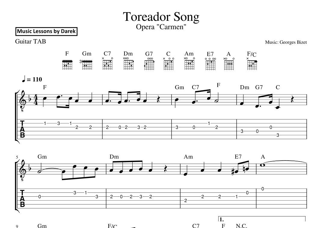 Toreador Song / March of the Toreadors (GUITAR TAB) Opera "Carmen" [Georges Bizet] (arr. Darek)