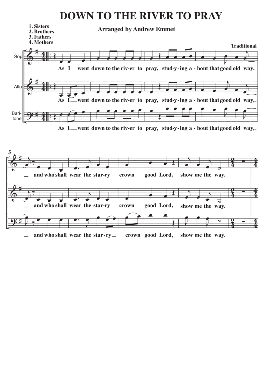 Down To The River To Pray A Cappella SAB (arr. Andrew Emmet)