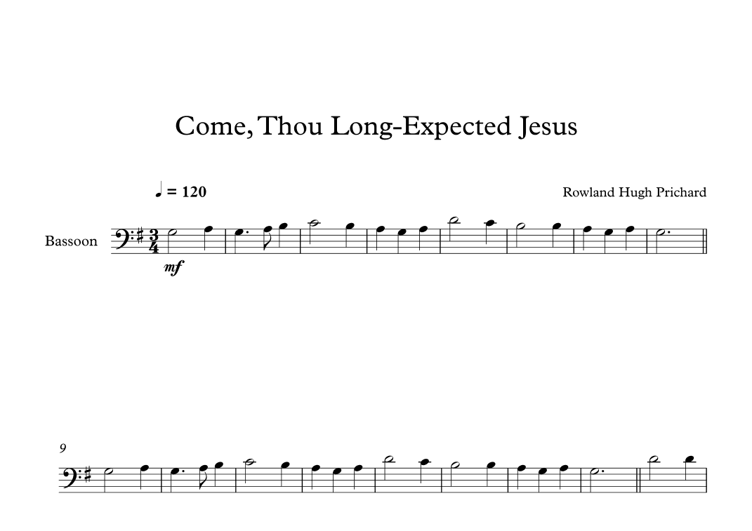 Come, Thou Long-Expected Jesus - Rowland Hugh Prichard (Bassoon) (arr. Digital Book Music)
