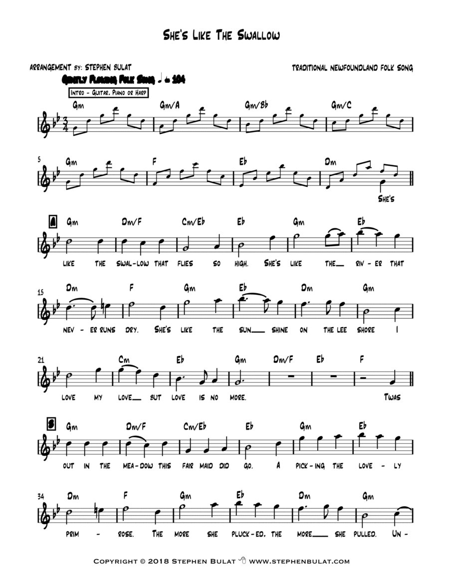 She's Like The Swallow (Newfoundland/Canadian Traditional) - Lead sheet (key of Gm) (arr. Stephen Bulat)