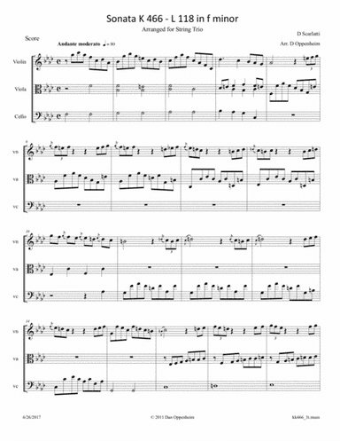 Scarlatti D: Sonata in f minor K 466 (L 118) arr. for String Trio (arr. D Oppenheim)