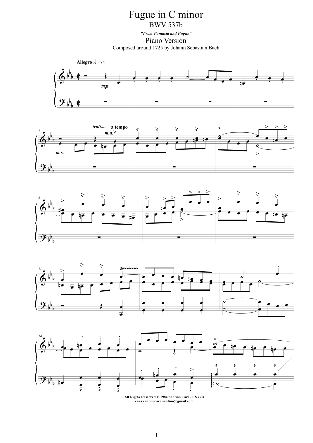 Bach - Fugue in C minor BWV 537b - Piano version (arr. Santino Cara)