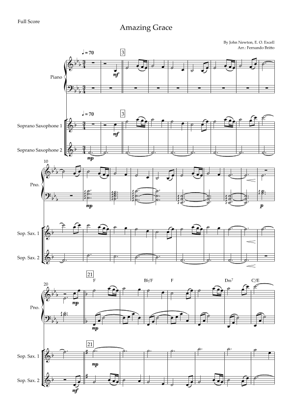 Amazing Grace for Soprano Saxophone Duo and Piano Accompaniment with Chords (arr. Fernando Britto)