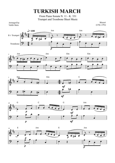 Turkish March - Trumpet and Trombone (with chords) (arr. Valdir Maia)