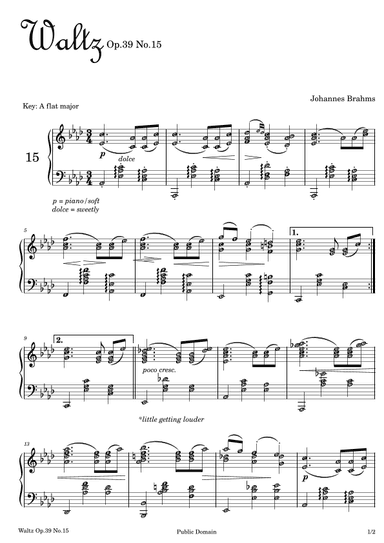 Waltz in A flat Major BRAHMS Op. 39 No. 15 ~ with note names (arr. Published Harmony)