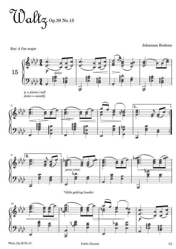 Waltz in A flat Major BRAHMS Op. 39 No. 15 ~ with note names (arr. Published Harmony)