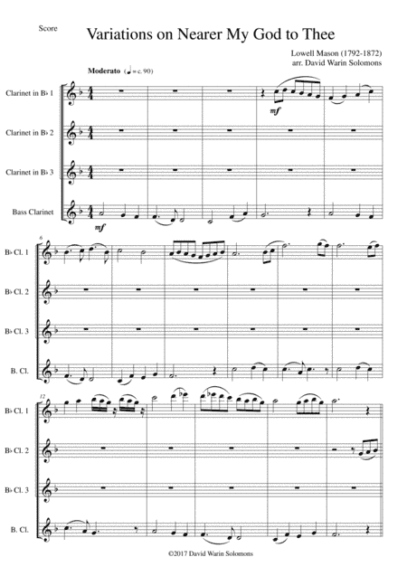 Variations on Nearer my God to Thee (Bethany) for clarinet quartet (3 clarinets and 1 bass) (arr. David Warin Solomons)