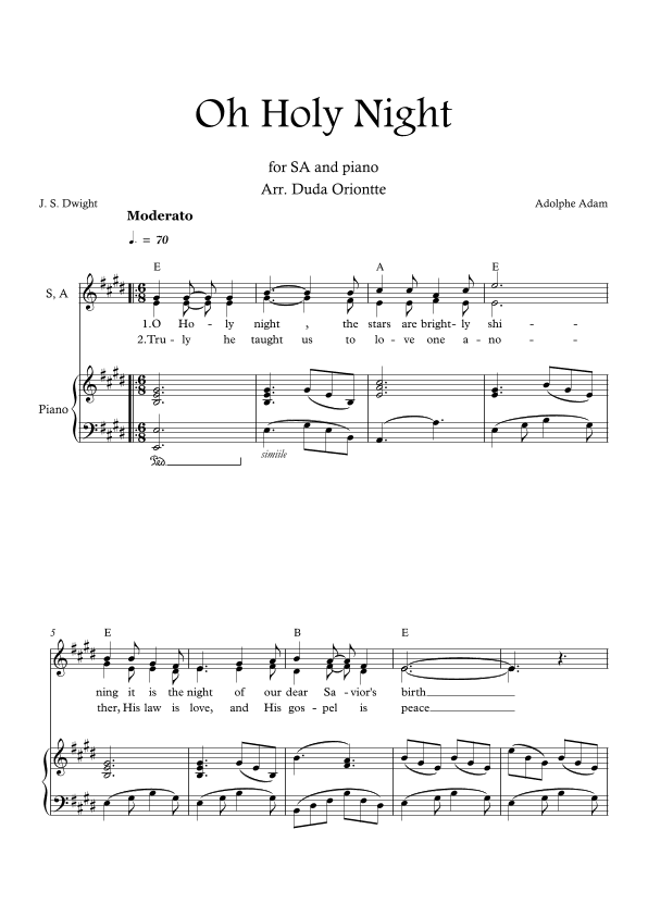 Oh Holy Night (E major - SA - with chords - with piano - one staff) (arr. Duda Oriontte)