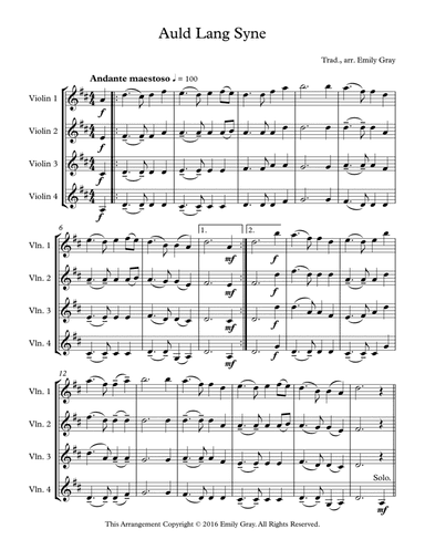 Auld Lang Syne (4 Violins) (arr. Emily Gray)