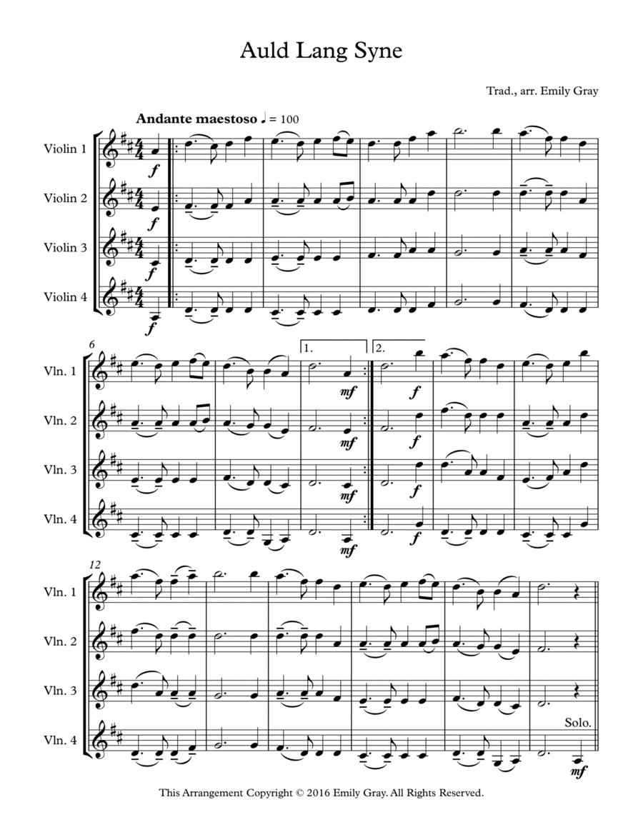 Auld Lang Syne (4 Violins) (arr. Emily Gray)