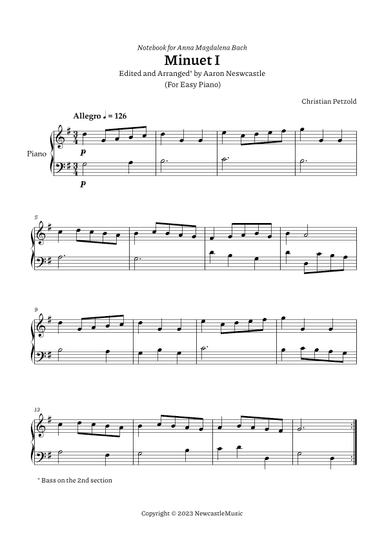 Bach, A. M. (Book) |  C. Petzold | G Major (#02/12 Keys) Minuet I — For Easy Piano. (arr. Aaron Newcastle)
