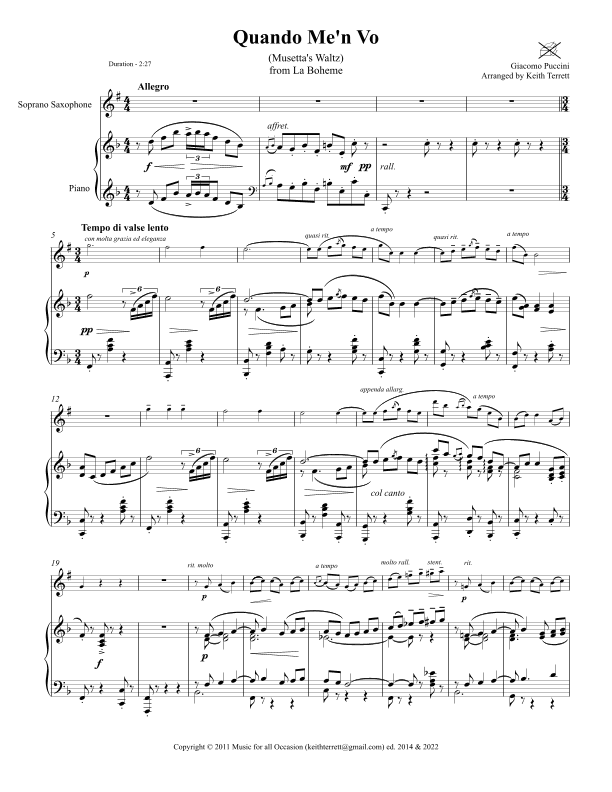 Quando Me'n Vo for  Bb Soprano Saxophone  & Piano (arr. Keith Terrett)