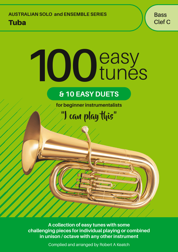 TUBA  100 EASY TUNES sight reading music notation, memorisation, phrasing, breathing, Bass Clef.