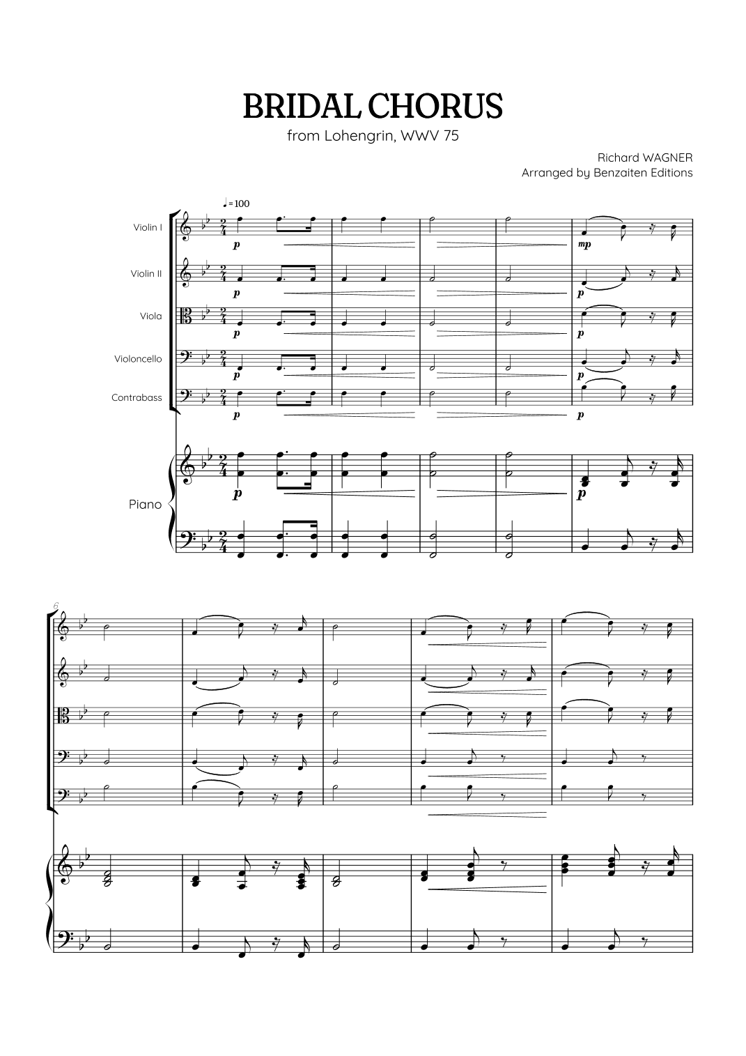 Wagner • Here Comes the Bride (Bridal Chorus) | string quintet & piano accompaniment sheet music (arr. Benzaiten Editions)