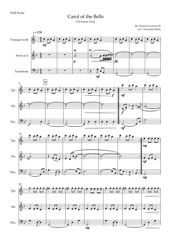 Carol of the Bells in Jazz Version (Christmas Song) for Brass Trio (arr. Fabio Britto)