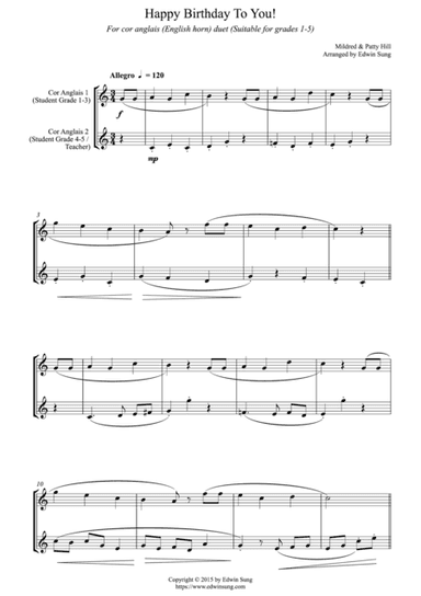 Happy Birthday To You! (for cor anglais (English horn) duet, suitable for grades 1-5) (arr. Edwin Sung)