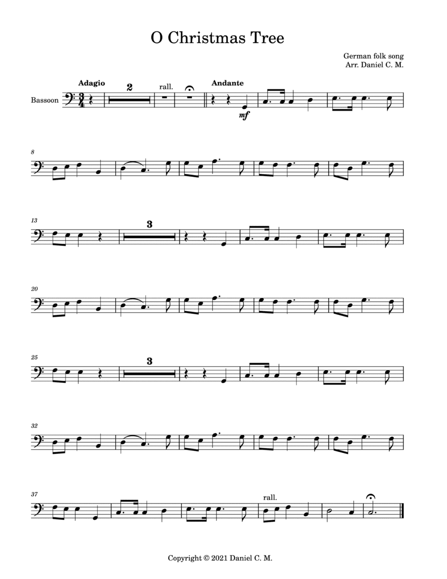 O Christmas Tree for bassoon and piano (easy) (arr. Daniel C. M.)