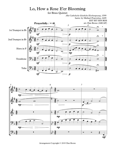 Lo, How A Rose E'er Blooming for Brass Quintet (arr. Dan Boone (ASCAP))