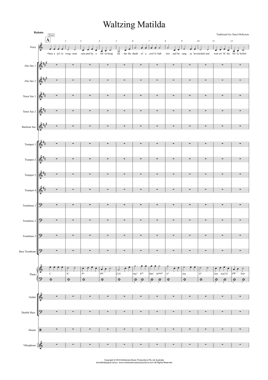 Waltzing Matilda - Voice with Big Band Key of C Swing version (arr. Daryl McKenzie)