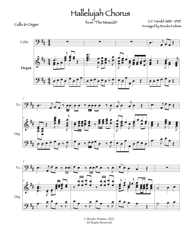 Hallelujah Chorus from "The Messiah" for Solo Cello & Organ (arr. Brooks Holmes)