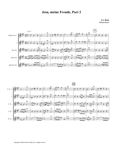 Jesu, meine Freude - Part 2, by J.S. Bach for Saxophone Quintet (arr. Richard Byrnes)