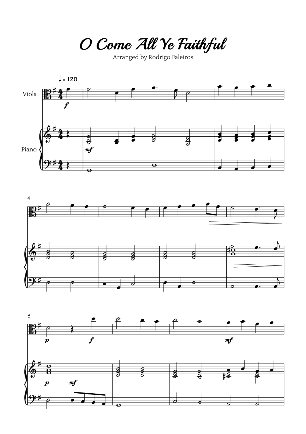 O Come All Ye Faithful (for viola and piano accompaniment) (arr. Rodrigo Faleiros)
