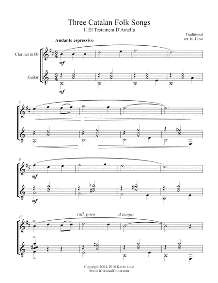 Three Catalan Folk Songs (Clarinet and Guitar) - Score and Parts (arr. K. Love)