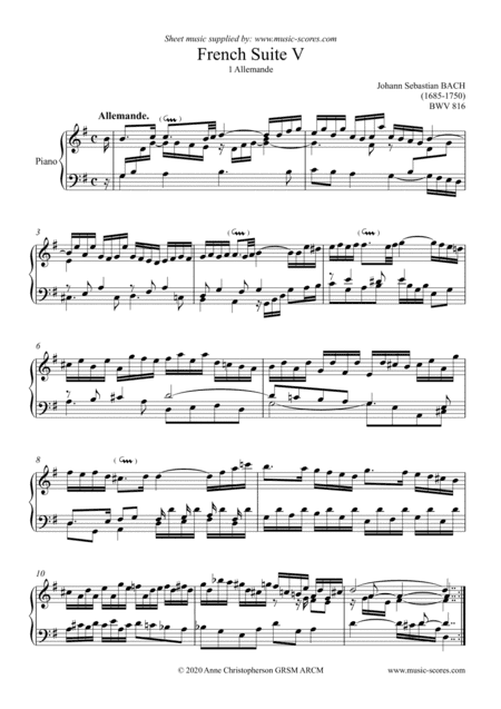 French Suite BWV 816 - no.1: Allemande - Piano (arr. Anne L Christopherson GRSM ARCM)