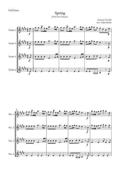 Spring (from Four Seasons of Antonio Vivaldi) for Violin Quartet (arr. Fabio Britto)