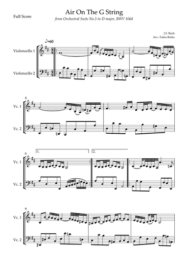 Air On The G String (J.S. Bach) for Cello Duo (arr. Fabio Britto)