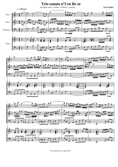 Trio sonata nº3 in D minor for flute, violin & cello or 2 violins & cello and basso continuo (SCORE