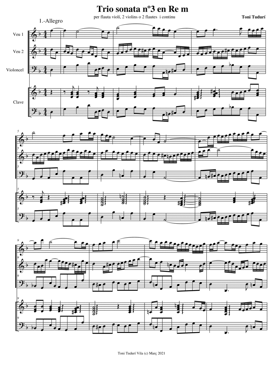 Trio sonata nº3 in D minor for flute, violin & cello or 2 violins & cello and basso continuo (SCORE