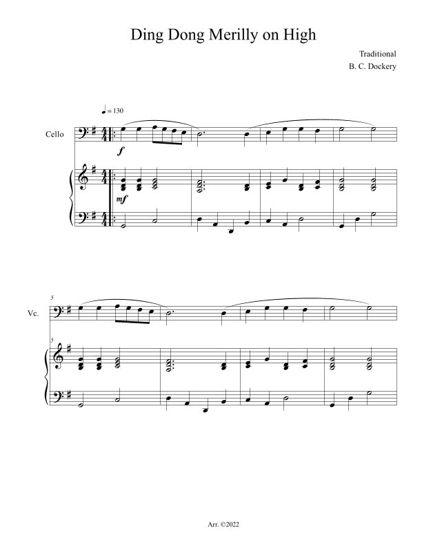 Ding Dong Merrily on High (Cello Solo with Piano Accompaniment) (arr. B. C. Dockery)