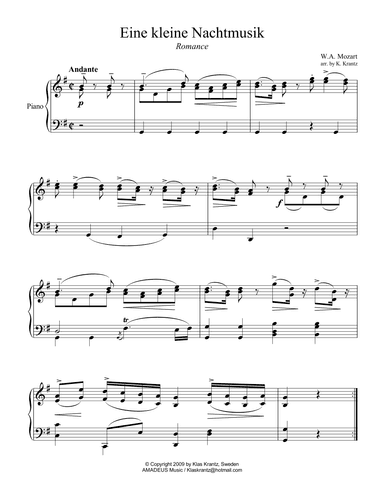 Romance from Eine kleine Nachtmusik for piano solo (easy abridged) (arr. K. Krantz)