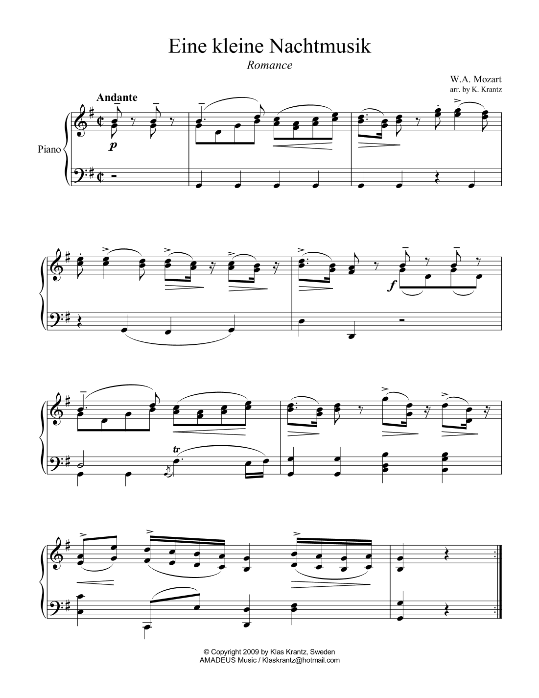Romance from Eine kleine Nachtmusik for piano solo (easy abridged) (arr. K. Krantz)
