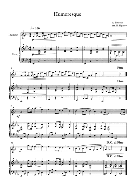 Humoresque, Antonin Dvorak, For Trumpet & Piano (arr. Eugene Egorov)
