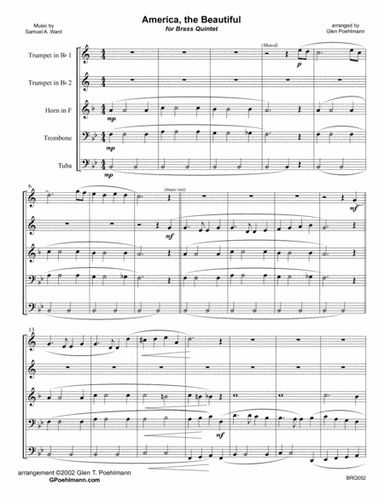 AMERICA THE BEAUTIFUL for BRASS QUINTET (unaccompanied) (arr. Glen Poehlmann)