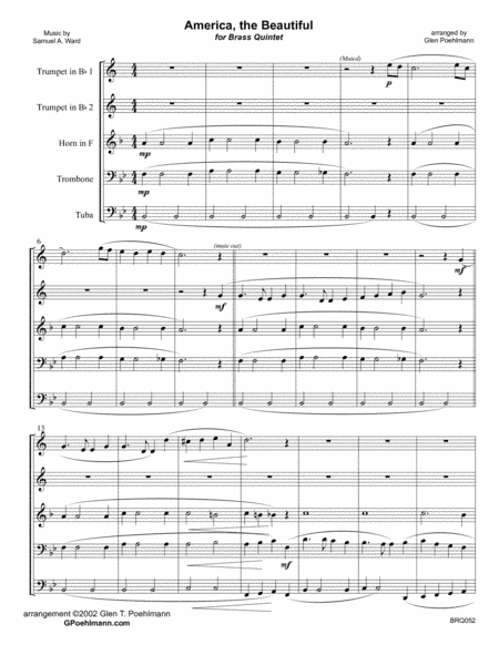 AMERICA THE BEAUTIFUL for BRASS QUINTET (unaccompanied) (arr. Glen Poehlmann)
